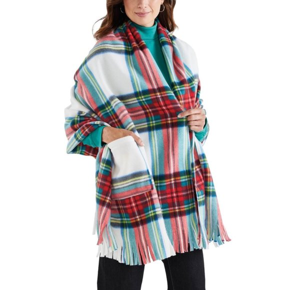 NEW Multicolored Plaid One Size Soft Fleece Lightweight Fringed Wrap Pockets - Picture 1 of 2